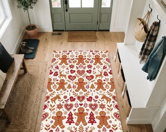 Alfombra navideña con diseño de hombre de jengibre / Alfombra festiva roja y crema con renos, corazones y copos de nieve / Alfombra de invierno