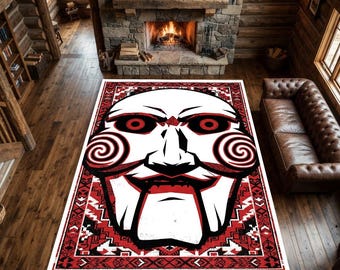 Alfombra con diseño de máscara de títere de terror / Alfombra gótica roja y negra con mejillas en espiral espeluznantes / Alfombra para sala de juegos o cueva de hombre inspirada en películas de terror y suspenso.