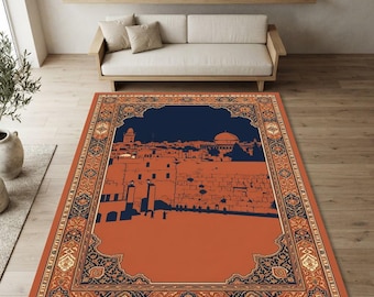 Alfombra del Muro Occidental de Jerusalén / Alfombra de terracota azul marino con arco arabesco de la Ciudad Vieja / Alfombra de salón espiritual con herencia judía
