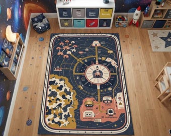 Alfombra con mapa de colonia espacial / Habitación infantil, guardería o sala de juegos / Lavable, antideslizante, de pelo corto / Regalo de cumpleaños para niños / Decoración retro de ciencia ficción en azul marino y coral