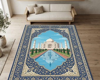 Alfombra con el histórico arco del Taj Mahal / Alfombra con borde floral arabesco ornamentado en azul real y dorado / Arquitectura de la maravilla del mundo de la India