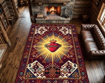 Sacred Heart Sunburst Area Rug |Traditional Geometric Kilim Border Burgundy Carpet | Holy Flaming Heart Boho Spiritual Living Room Floor Mat