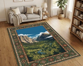Alfombra Half Dome del Valle de Yosemite / Alfombra Kilim folclórica geométrica verde bosque y óxido con borde / Alfombra para sala de estar de cabaña de montaña con paisaje natural