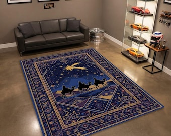 Alfombra de área con estrella de los Tres Reyes Magos para la Natividad / Alfombra Kilim geométrica tradicional con borde azul marino y dorado / Alfombra de sala de estar con temática de Epifanía y Noche Santa para Navidad