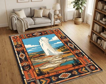 Alfombra con diseño del géiser Old Faithful de Yellowstone / Alfombra con borde geométrico tribal del suroeste en color naranja óxido / Sala de estar con temática de cabaña en un parque nacional