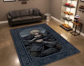 Alfombra con diseño de guerrero vikingo con dos dagas / Borde de nudo celta nórdico / Alfombra de color carbón oscuro / Alfombra para sala de estar con temática de espadachín asesino de anime