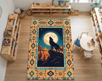 Alfombra Howling Wolf Full Moon Desert Area Carpet / Alfombra triangular ocre con flechas geométricas del suroeste / Alfombra para sala de estar de cabaña del oeste