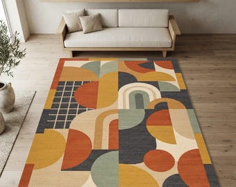 Alfombra Bauhaus de estilo moderno de mediados de siglo / Decoración retro geométrica en terracota para sala de estar / Lavable, antideslizante, de pelo corto / Regalo ideal para inauguración de casa