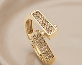 PANDORA, 14k Gold Geometric Ring, Champagne Diamond Pavé, Modern Architectural Open Band