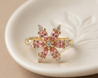 PANDORA, 14K Gold Flower Morganite Ring, Marquise Peach Gemstone, Diamond Accents, Boho-Chic Style