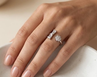Baguette Cluster Open Ring, Dainty Stacking Gold Ring, Modern Geometric Jewelry