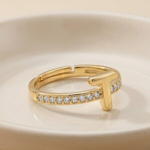 Gold Plated T Initial Ring, Adjustable Crystal Letter Band, Personalized Monogram Jewelry