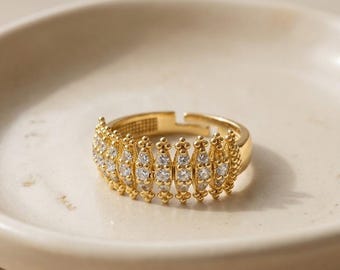 PANDORA, 14K Gold Vintage Style Eternity Ring, Art Deco Granulation Band, Adjustable Bridal Jewelry