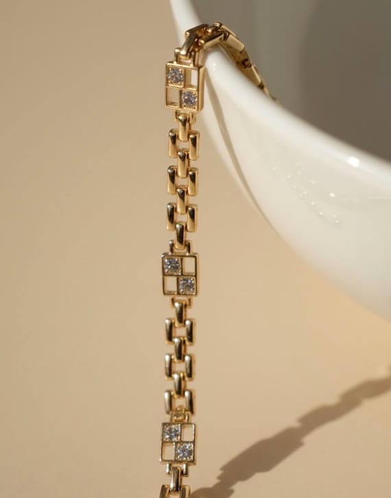 14K Gold Plated Cubic Zirconia Square Link Bracelet, Geometric Jewelry