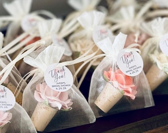 Flower Wine Bottle Stoppers & Organza Favor Bags, Personalized Wedding Favors, Wine Themed Bridal Shower Favor, Wedding Party Favors in Bulk