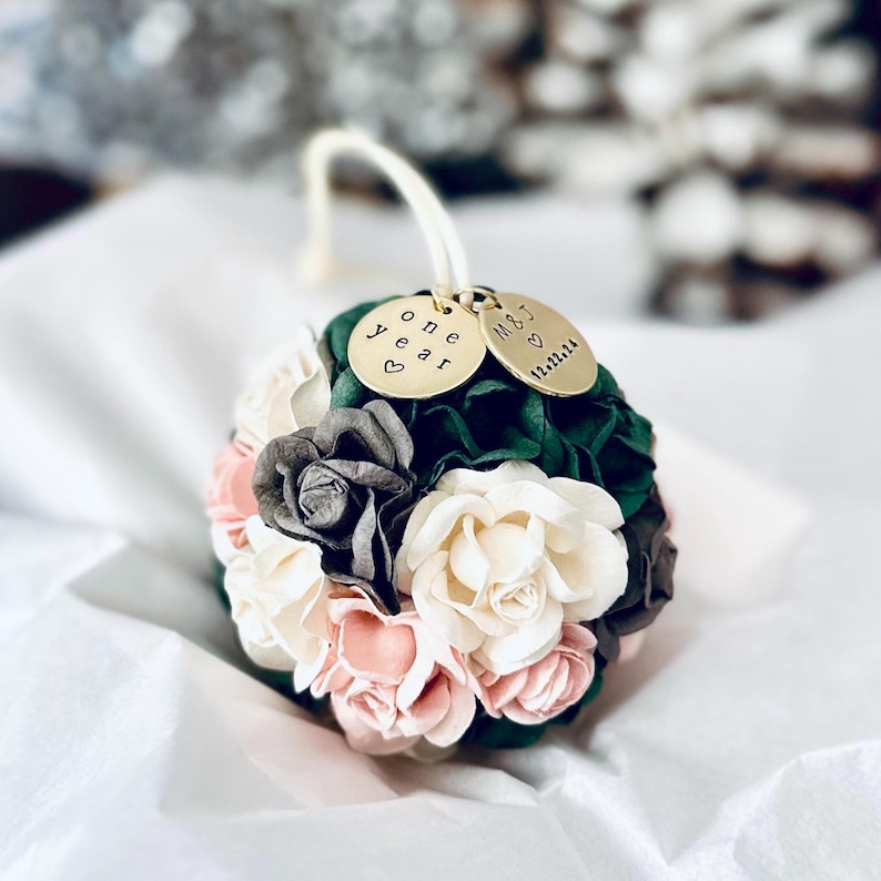 One Year Paper Anniversary Gift, Personalized Flower Ball Wedding Christmas Ornament, First Anniversary Ornament, Anniversary Gift for Wife image 8
