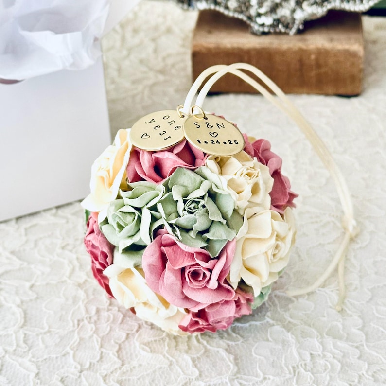One Year Paper Anniversary Gift, Personalized Flower Ball Wedding Christmas Ornament, First Anniversary Ornament, Anniversary Gift for Wife image 2