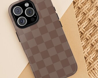 Checkerboard Pattern Dark Brown iPhone Case, Retro Phone Cover, Tough Protective Case, Checker Print
