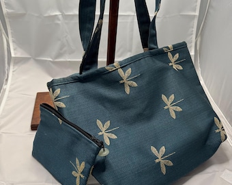 Vintage Sally Spicer Handbag Dragonfly Tote Bag San Francisco Blue and Matching Small Bag
