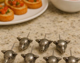 Antiqued Pewter Designs Hog Pig Holders Hors d'oeuvre Corn Cheese Picks 8 total