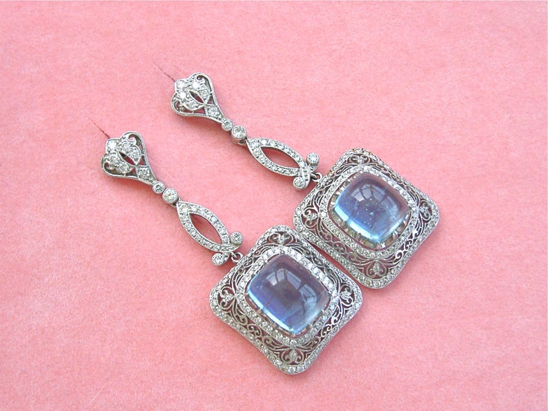 estate Edwardian to Art Deco 10.5ctw aquamarine 2ctw diamond platinum cocktail earrings image 3