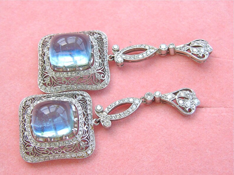 estate Edwardian to Art Deco 10.5ctw aquamarine 2ctw diamond platinum cocktail earrings image 2