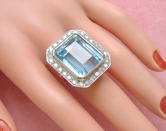 estate art deco 45 carat aquamarine 1.43ctw diamond platinum large cocktail ring
