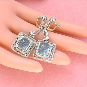 estate Edwardian to Art Deco 10.5ctw aquamarine 2ctw diamond platinum cocktail earrings image 1