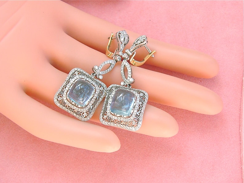 estate Edwardian to Art Deco 10.5ctw aquamarine 2ctw diamond platinum cocktail earrings image 1