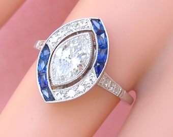 Estate Art Deco 1.04ct Marquise Diamond Sapphire Engagement Cocktail Ring