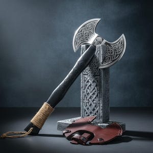 May include: A double-bladed axe with a black handle and silver blades, resting on a stone stand. The blades feature intricate Celtic knot designs. A brown leather sheath lies at the base of the stand. The axe is a decorative item.