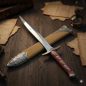 May include: A silver dagger with a polished blade and ornate handle rests in a tan sheath. The handle is red with white accents. The sheath has silver decorative accents. The dagger and sheath are on a wooden surface.