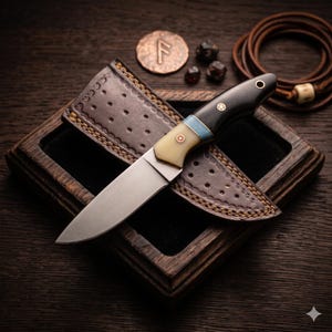 May include: A handcrafted knife with a polished steel blade, a black handle, and a cream-colored bolster. The knife rests in a brown leather sheath with decorative stitching, inside a wooden box. A copper coin and other accessories are in the background.