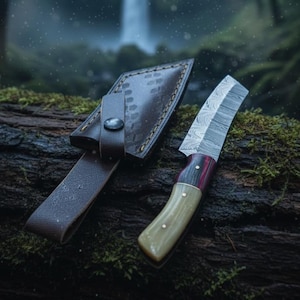 Hand-Forged Damascus Camping Knife | Bushcraft Utility Blade |  Red Composite Handle Gift | Valentine's Day Gift