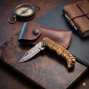 May include: A folding knife with a patterned blade and a light brown handle with a carved design. The knife is open, revealing the blade. A brown leather sheath and a compass are in the background.