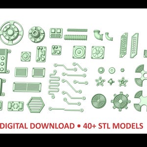 Könnte beinhalten: Eine Sammlung von über 40 hellgrünen, 3D-druckbaren STL-Modellen mit verschiedenen mechanischen Komponenten wie runden Lüftungsschlitzen, Bedienfeldern, Rohren, Schaltern und geometrischen Verbindern, mit dem Text DIGITAL DOWNLOAD 40+ STL MODELS.