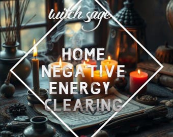 May include: An image featuring lit candles, sage, and the text "witch sage HOME NEGATIVE ENERGY CLEARING." The scene includes a window, a decorative lantern, and various items associated with spiritual practices, creating a mystical ambiance.