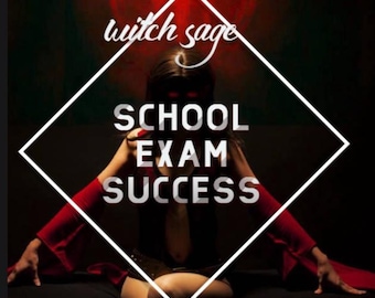 May include: Image with the text "witch sage" at the top, and "SCHOOL EXAM SUCCESS" in large white letters. The image has a dark background with a red glow. A person is in the center, wearing a black outfit with red sleeves.