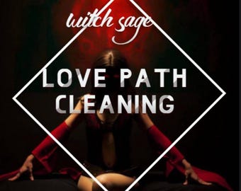 Könnte beinhalten: Bild mit dem Text "witch sage" in Schreibschrift oben und "LOVE PATH CLEANING" in fetten, weißen Großbuchstaben in einer weißen Raute. Der Hintergrund ist dunkel mit roten Akzenten.