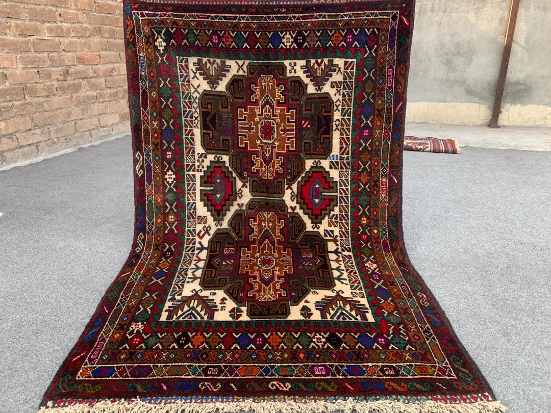 Vintage Geometric Baluchi Design, 3x4 Ft, Handmade Afghan Wool Rug ...