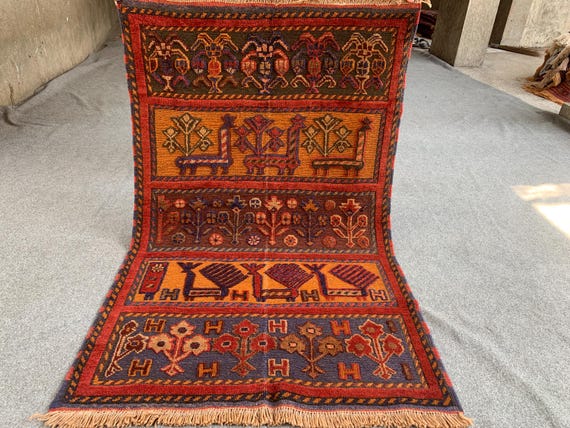 Vintage Afghan Kilim Rug, Pictorial Animal Floral, 3x4 Ft
