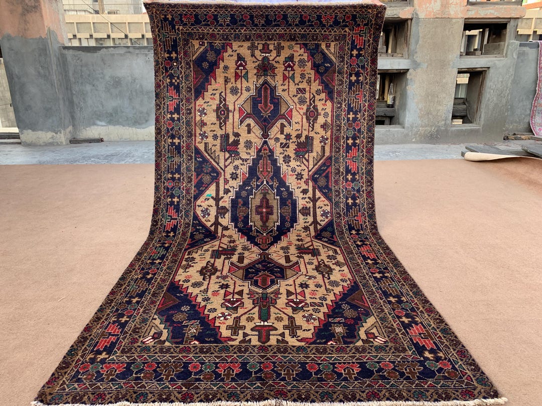 4x8 Ft, Vintage Afghan Baluchi Wool Rug, Hand Knotted Herati Rug ...