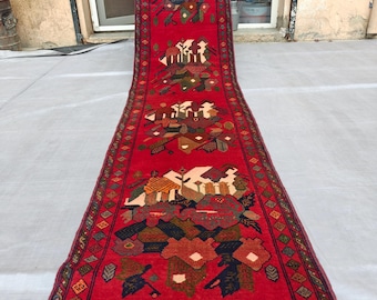 Tapete exclusivo de 2,5 x 11,9 pés, tapete de corredor geométrico pictórico, tapete vermelho escuro para corredor, tapete tribal turcomano, tapete para quarto infantil, tapete para cozinha.
