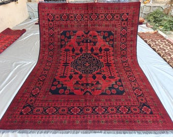 Antique Khal Mohammadi Rug: Hand-Knotted Wool, Red Geometric Design (7.8x5.9 Ft)