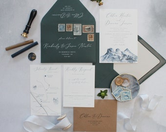 Watercolor mountain wedding invite suite Canmore Alberta Three Sisters Canadian Rockies