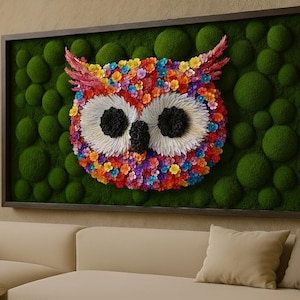 Flower Owl | Preserved Moss Wall Art: Handmade Wood Frame | Modern Home Decor | Gift Business Decor | Gift Home Decor | Gift Business Decor