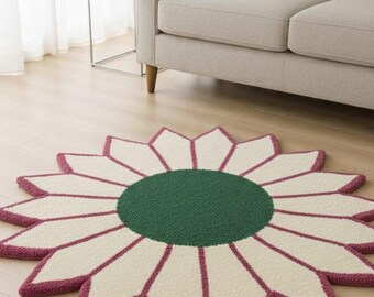 Home made Flower Shaped Rug , Daisy Carpet, Pink Green Tufted Mat , Floral Area Rug.