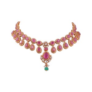 Set di collana e orecchini Gajaah in argento sterling 925 con zaffiro rosa / Gioielli da sposa con moissanite polki / Collana e orecchini da matrimonio