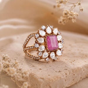 Ruby Polki Ring, Gold Plated 925 Silver Ring, Moissanite Floral Ring, Semi Precious Ruby Statement Ring, Indian Bridal Jewelry