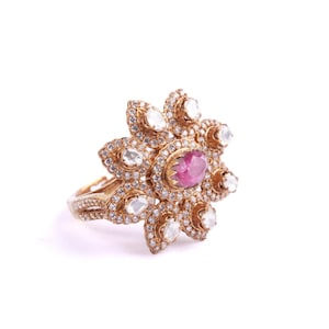 Gajaah 925 Silver Floral Polki & Ruby Statement Ring with Regal-Inspired Design
